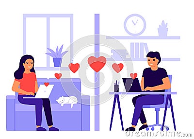 Young lover couple meet distance in video call online. Remote communicate with hearts by internet from home. Man and Vector Illustration