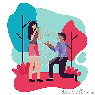 young lovers couple proposing marriage Cartoon Illustration