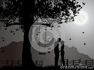 Young Lovers under Moonlight, Kissing Stock Photo