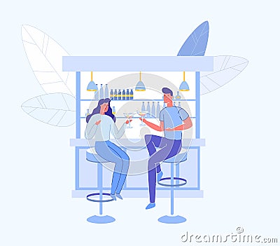 Young Loving Couple Dating in Alcohol Bar or Pub. Vector Illustration