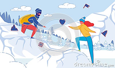 Young Loving Couple Hiking in Winter Mountains. Vector Illustration