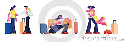 Young Loving Couple Traveling Set. Man and Woman with Luggage Waiting Boarding in Airport Sitting in Terminal Vector Illustration