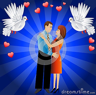 Young loving couple and two white fondling Vector Illustration