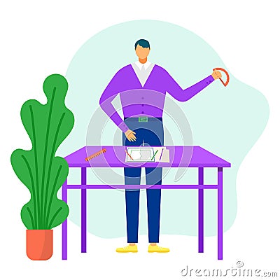 Young male architect workplace engineering table with professional ruler, character builder creator flat vector Cartoon Illustration