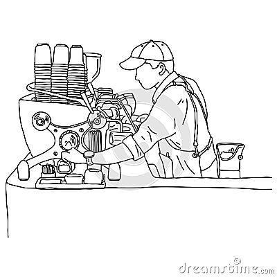 Young male barista standing in front of the counter with coffee machine in the coffee shop vector illustration sketch doodle hand Vector Illustration