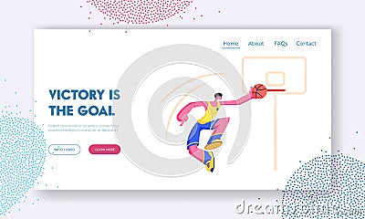 Young Male Basketball Player Score Goal into Basket. Championship or Team Competition, Sportsman in Motion Jumping Vector Illustration