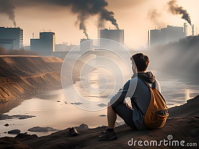 young male in black clothes with a backpack on the roof of the city. industrial pollution concept Stock Photo