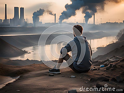 young male in black clothes with a backpack on the roof of the city. industrial pollution concept Stock Photo