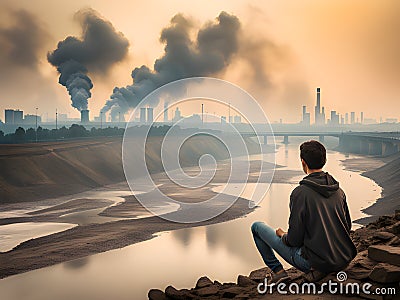 young male in black clothes with a backpack on the roof of the city. industrial pollution concept Stock Photo