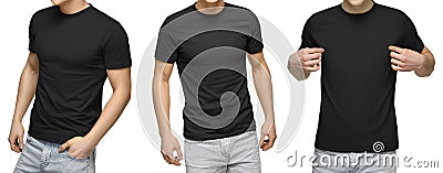 Young male in blank black t-shirt, front and back view, isolated white background. Design men tshirt template and mockup for print Stock Photo