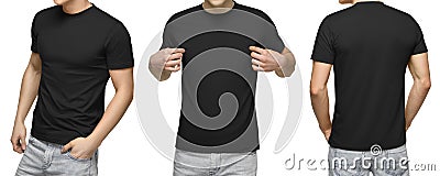 Young male in blank black T-shirt, front and back view, white background . Design men tshirt template and mockup for print Stock Photo