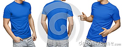 Young male in blank blue t-shirt, front and back view, isolated white background. Design men tshirt template and mockup for print Stock Photo