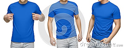 Young male in blank blue t-shirt, front and back view, isolated white background . Design men tshirt template and mockup for print Stock Photo