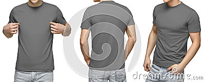 Young male in blank gray t-shirt, front and back view, isolated white background. Design men tshirt template and mockup for print Stock Photo