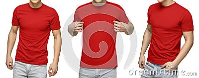 Young male in blank red t-shirt, front and back view, isolated white background. Design men tshirt template and mockup for print Stock Photo