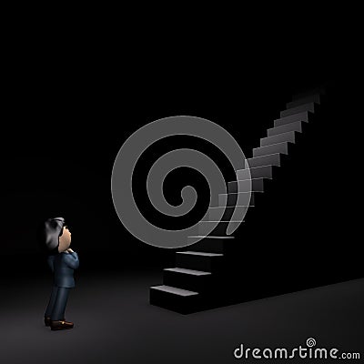 Young male businessman looking up in front of a big long stairs. Dark background. 3D illustration Cartoon Illustration