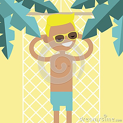 Young male character lying in a hammock under the palm trees. To Cartoon Illustration