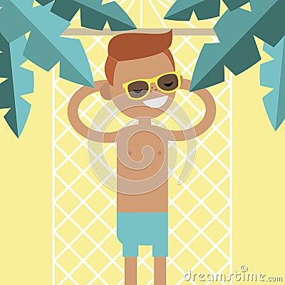 Young male character lying in a hammock under the palm trees. To Cartoon Illustration