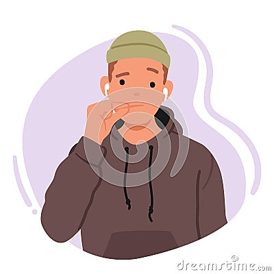 Young Male Character Making The Silent Gesture Represented By Lips on Zip, Quietness Or Privacy Concept, Keeping Secrets Vector Illustration