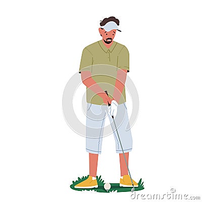 Young Male Character Playing Golf Isolated on White Background. Golfer Hit Ball with Golf Club, Concentrated Sportsman Vector Illustration