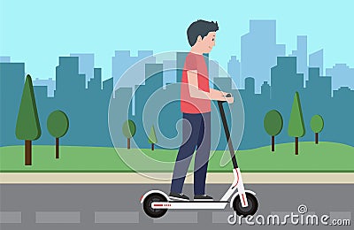 Young male character ride modern urban transport electric kick scooter. Active hipster adult millennial uses lifestyle Vector Illustration