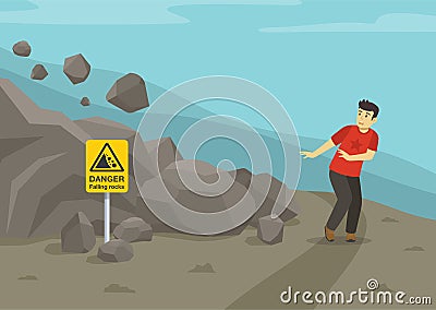 Young male character scared of falling rocks. Landslides and rockfalls on the road in the mountains. Warning sign meaning. Vector Illustration