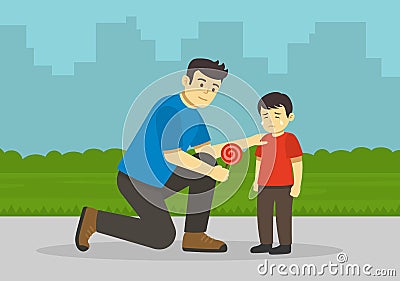 Young male character sits down and calms crying kid. Guy offers candy to a sad little boy. Vector Illustration