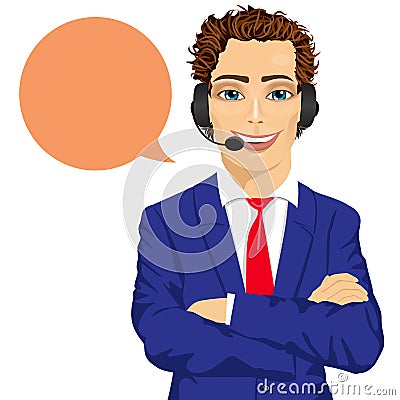 Young male customer support phone operator with arms folded and speech bubble Vector Illustration