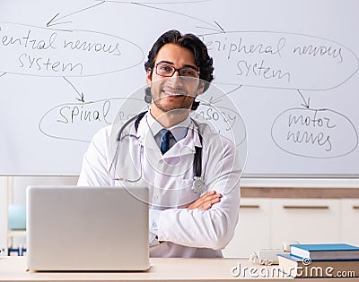Young male doctor neurologist in front of whiteboard Stock Photo