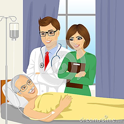 Young male doctor and nurse visiting a senior old man patient Vector Illustration