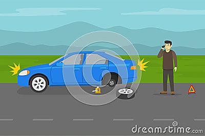Young male driver changing a flat tire on country road and calls car repair services. Vector Illustration