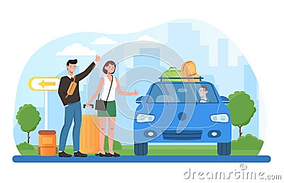 Young male and female characters are hitchhiking with baggage Vector Illustration