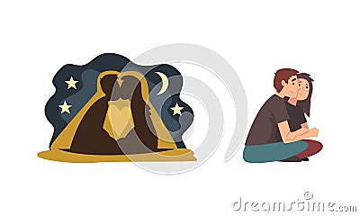 Young Male and Female Couple Sitting Embracing and Kissing Under Night Sky Feeling Love and Affection Vector Set Vector Illustration