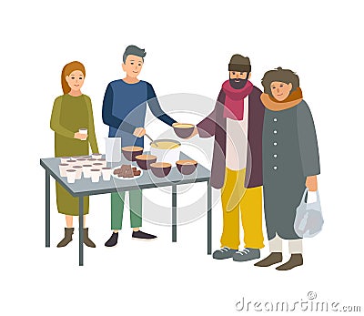 Young male and female volunteers feeding poor homeless people isolated on white background. Man and woman giving food to Vector Illustration