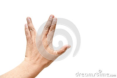 Hand palm which fingers splitting gesture on left hand isolated on white background. Stock Photo