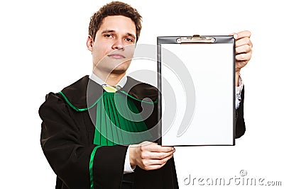 Young male lawyer hold clipboard. Stock Photo