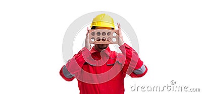 Young male mason with brick isolated on white Stock Photo