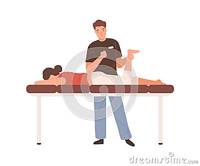 Young male massagist or osteopath doing manual massage. Professional physiotherapist or chiropractor working. Flat Vector Illustration