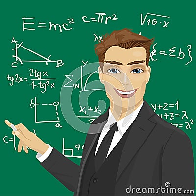 Young male math teacher with piece of chalk standing next to blackboard Vector Illustration