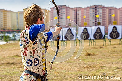 male medieval archer in costumes of ancient Turkish troops Editorial Stock Photo