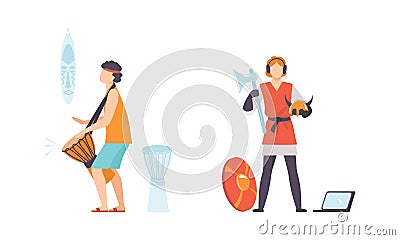 Young Male Playing Drum and Wearing Viking Costume for Role Play Vector Set Vector Illustration