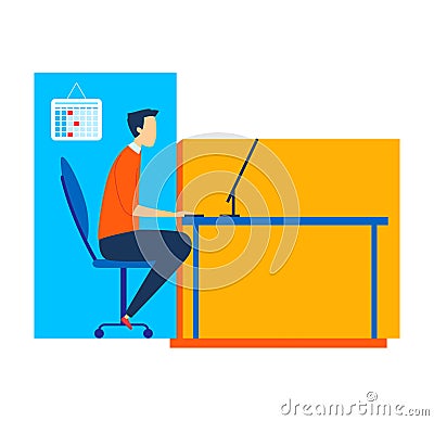 Young male professional working at desk with computer. Office worker concentrating on work. Modern workplace Vector Illustration