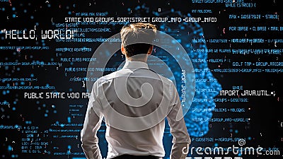 Young Male Programmer Engaged in AI Engineering LISP Stock Photo