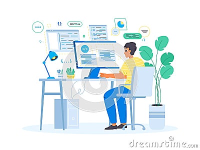 Young male programmer, geek character develop database or software. Teenager developer, freelancer programming on computer, snugly Vector Illustration
