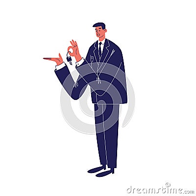 A young male realtor holds the keys in his hands. A man in a suit with keys in his hands offers to buy. Rent, sale of Vector Illustration