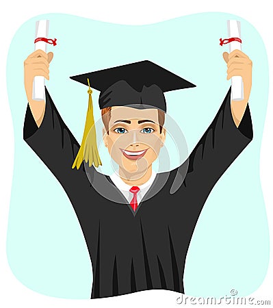 Young male student holding two diplomas with both hands on graduation day Vector Illustration