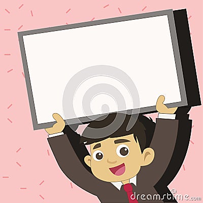 Young Male Student Raising Empty Framed Board. Smiling Boy in Tie Holding Upward Blank Whiteboard Above his Head Vector Illustration