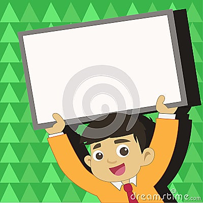 Young Male Student Raising Empty Framed Board. Smiling Boy in Tie Holding Upward Blank Whiteboard Above his Head Vector Illustration