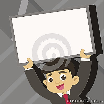 Young Male Student Raising Empty Framed Board. Smiling Boy in Tie Holding Upward Blank Whiteboard Above his Head Vector Illustration