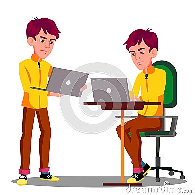 Young Male Student Sad With Laptop Problem Vector. Isolated Illustration Vector Illustration